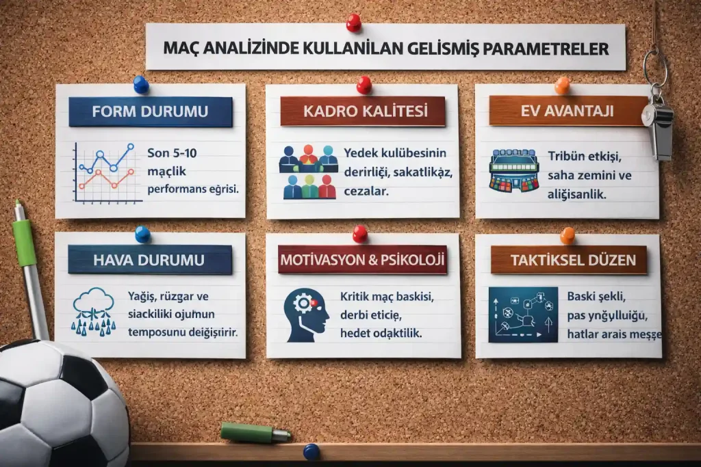 Maç analizinde kullanılan gelişmiş parametreler: form durumu, kadro kalitesi, ev sahibi avantajı, hava durumu, psikoloji ve taktik düzeni özetleyen görsel