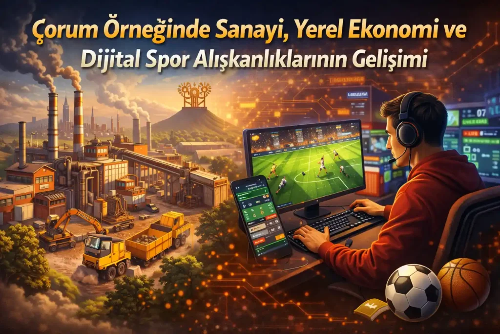 Solda sanayi tesisleri ve üretim makineleri, sağda ise bilgisayar başında dijital spor oynayan bir genç; görsel, sanayi ile dijital spor alışkanlıkları arasındaki ilişkiyi yansıtır